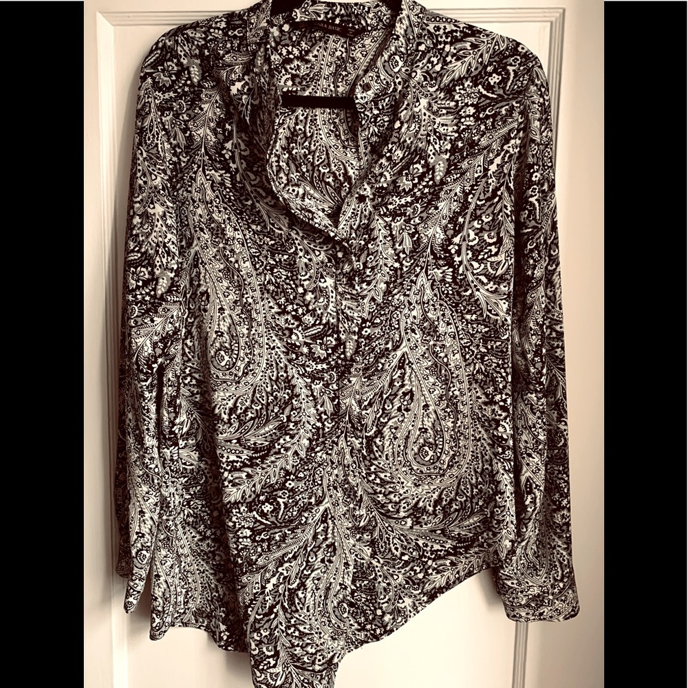 ZARA black & ivory long sleeved asymmetrical tunic blouse